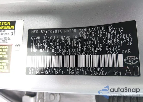 2012 Toyota Corolla L from USA, damaged, VIN 2T1BU4EE4CC867517